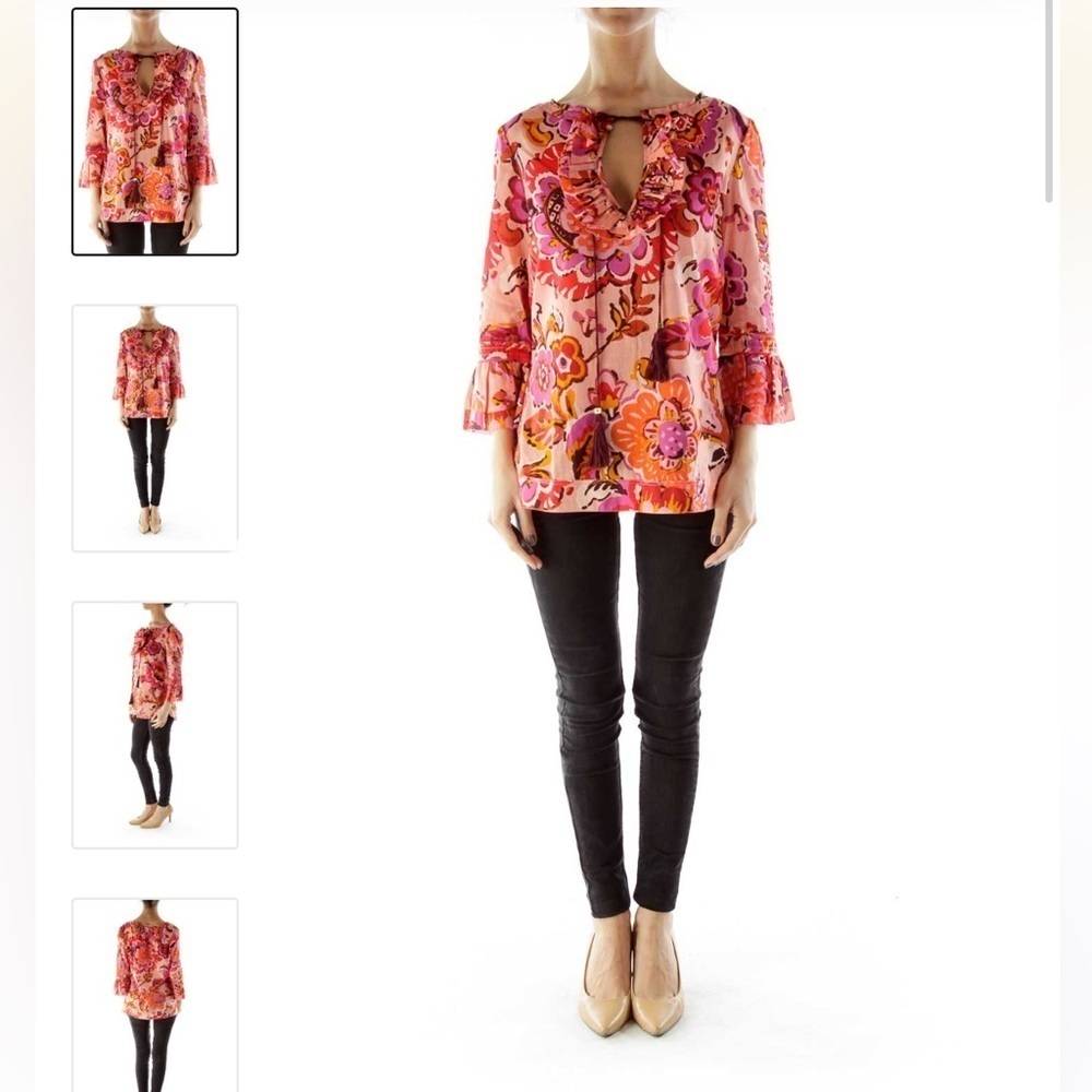 Tory Burch Pink Floral Tassel Tie Boho Blouse Top Size 4 Silk Cotton Blend - Picture 3 of 15